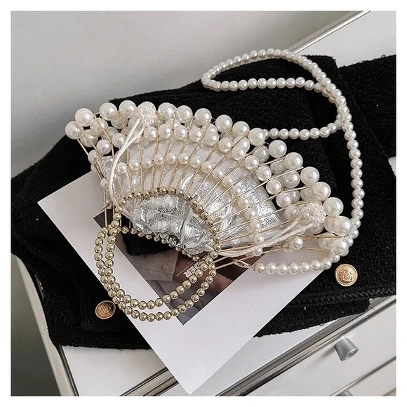 women's pearl chain oblique hollow handbag - Picture 6 of 16